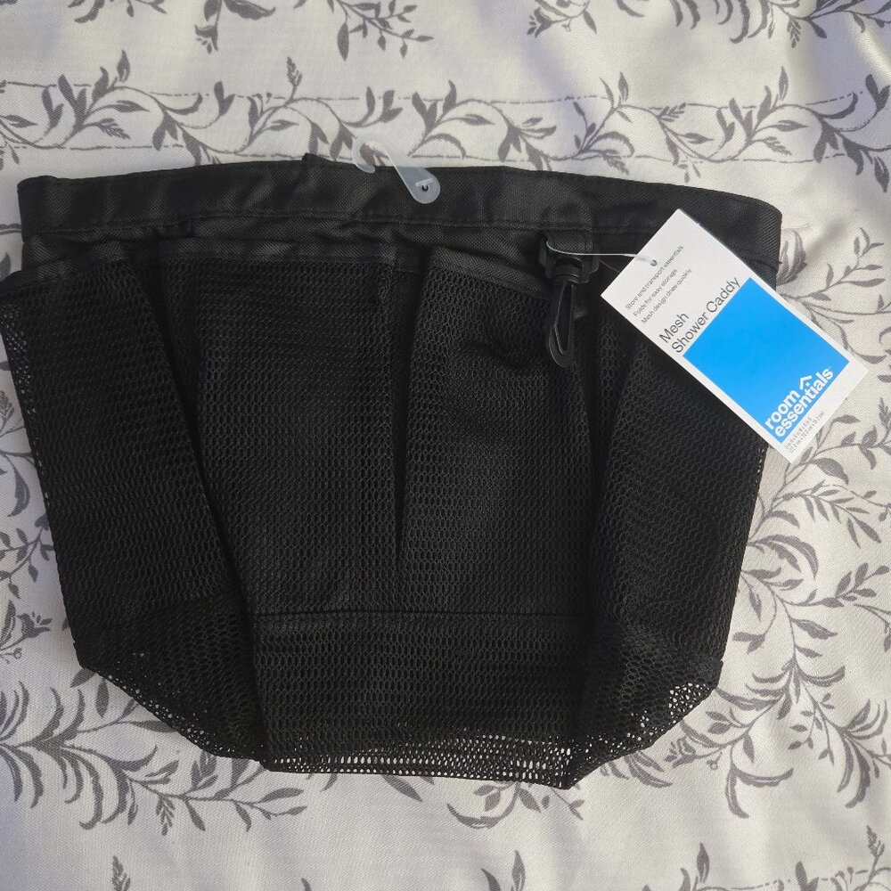NWT Room Essentials Black Mesh Shower Caddy – Foldable w/ Exterior Pockets